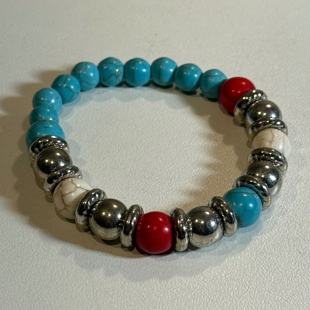 Beaded Stretch Bracelet Turquoise‎ White Red Silver Fashion Jewelry Gift